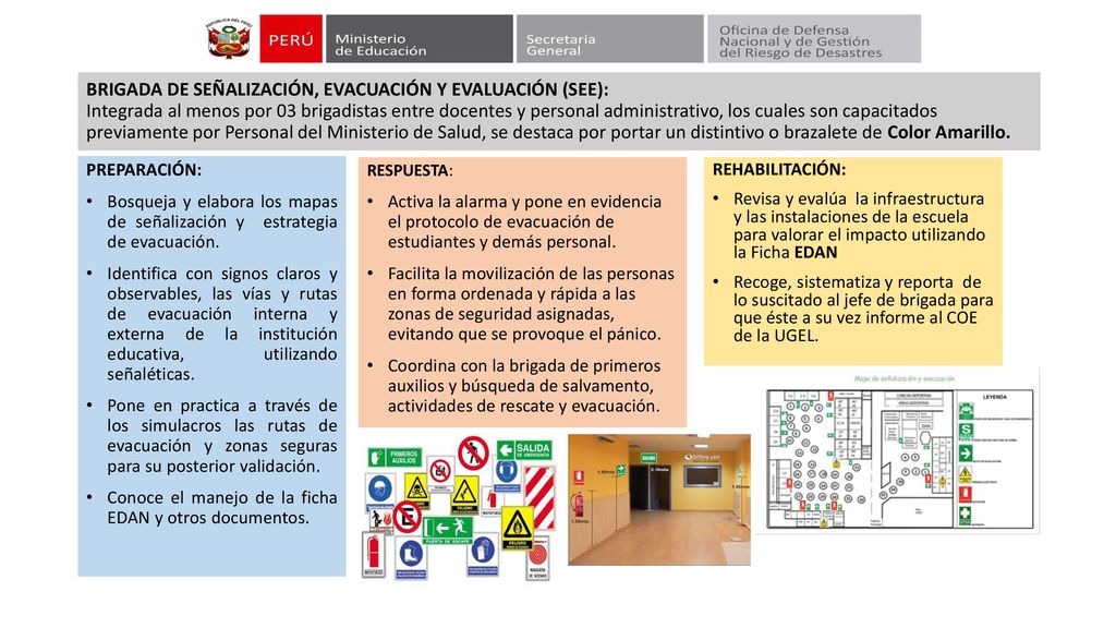 BRIGADA DE SEÑALIZACIÓN, EVACUACIÓN Y EVALUACIÓN (SEE): Integrada al menos por 03 brigadistas entre docentes y personal administrativo, los cuales son capacitados previamente por Personal del Ministerio de Salud, se destaca por portar un distintivo o brazalete de Color Amarillo.