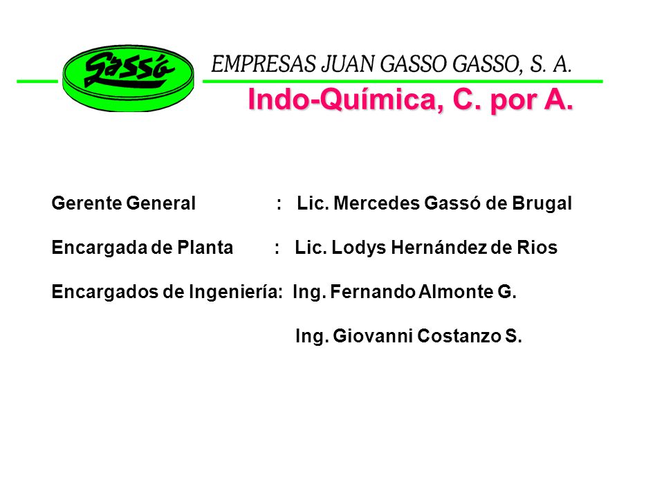Indo-Química, C. por A. Gerente General : Lic. Mercedes Gassó de Brugal.
