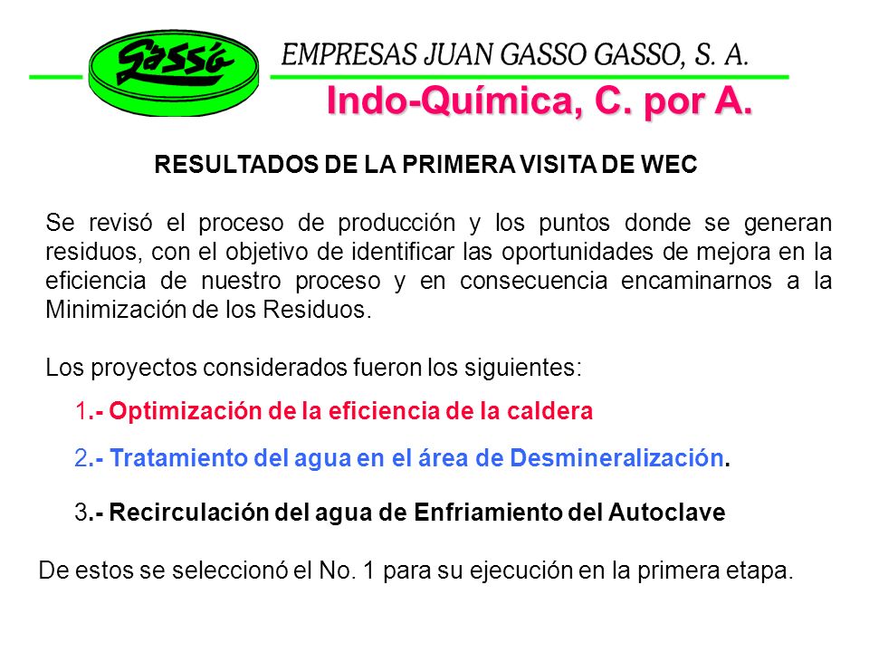 Indo-Química, C. por A. RESULTADOS DE LA PRIMERA VISITA DE WEC