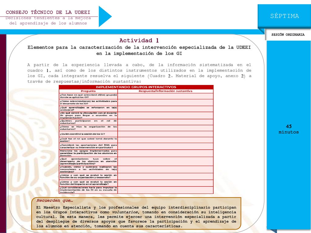 CONSEJO TÉCNICO DE LA UDEEI en la implementación de los GI
