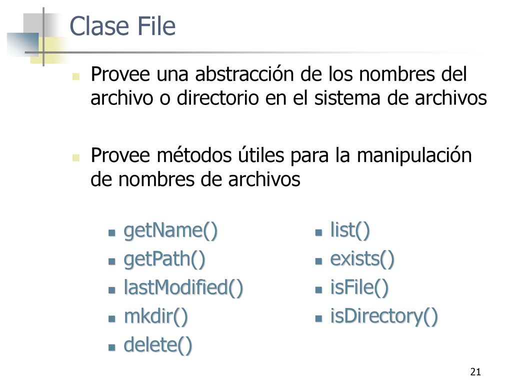 Clase File Provee una abstracción de los nombres del archivo o directorio en el sistema de archivos.