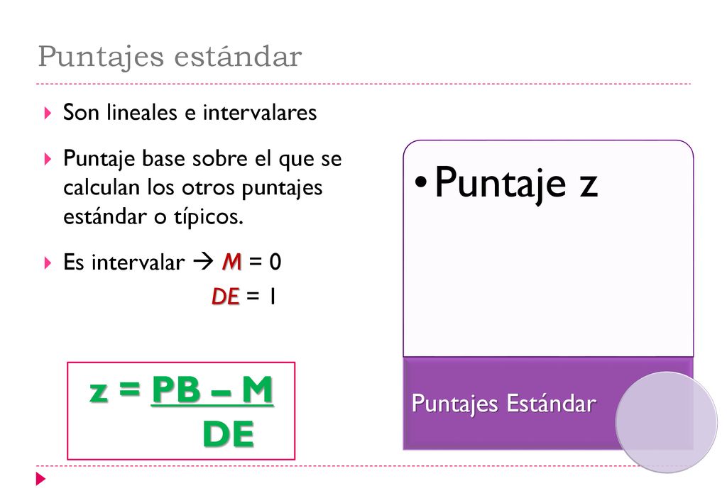 Puntaje z z = PB – M DE Puntajes estándar Puntajes Estándar