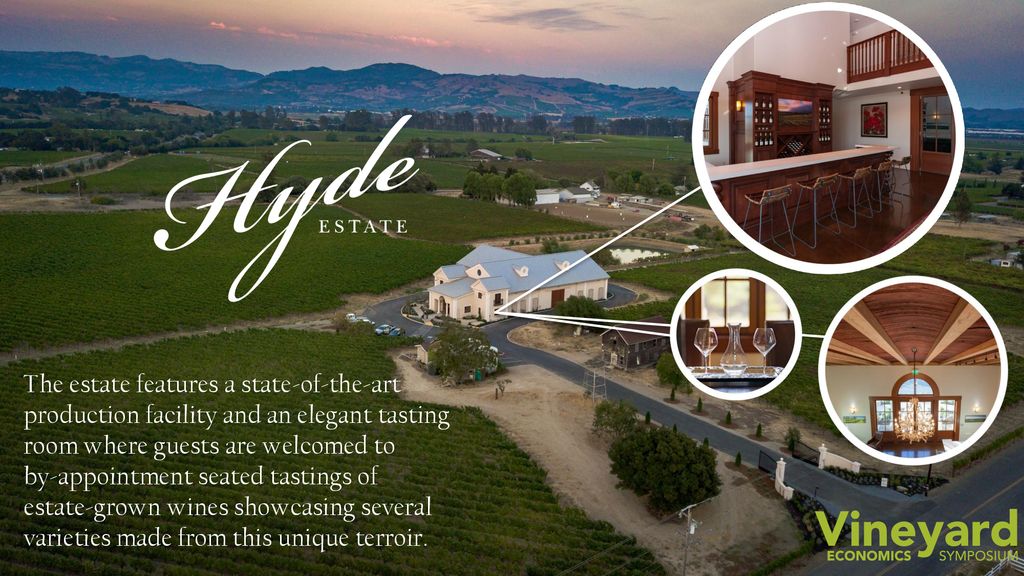 The estate features a state-of-the-art production facility and an elegant tasting room where guests are welcomed to by-appointment seated tastings of estate-grown wines showcasing several varieties made from this unique terroir.