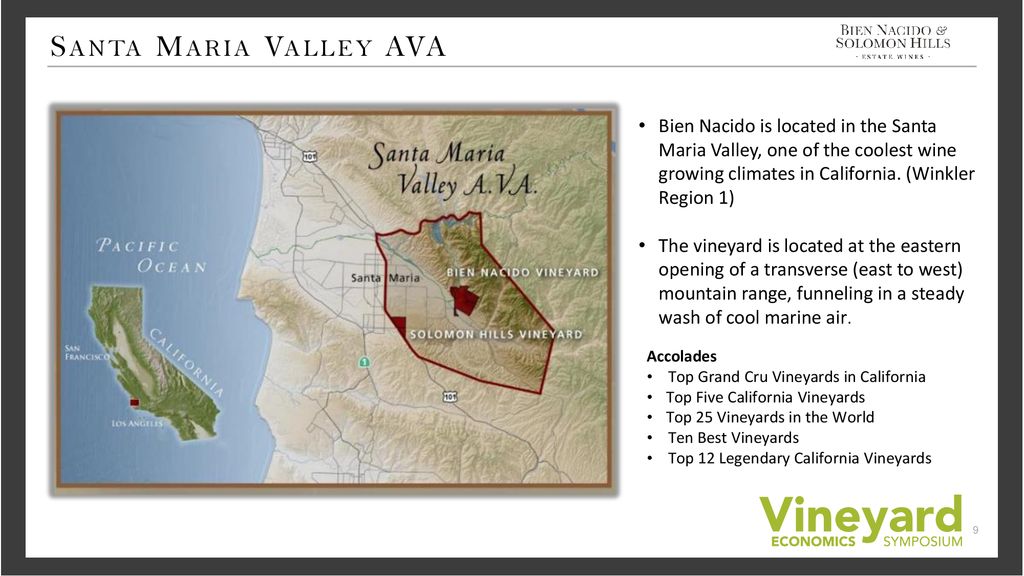Santa Maria Valley AVA Bien Nacido is located in the Santa Maria Valley, one of the coolest wine growing climates in California. (Winkler Region 1)