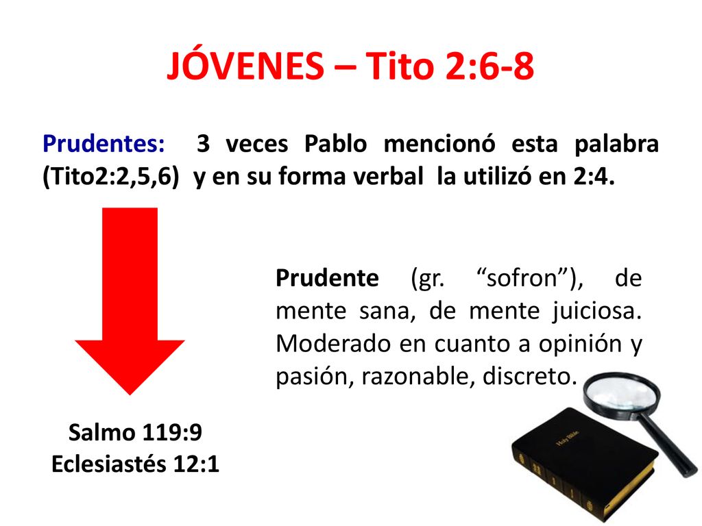 JÓVENES – Tito 2:6-8 Prudentes: 3 veces Pablo mencionó esta palabra (Tito2:2,5,6) y en su forma verbal la utilizó en 2:4.