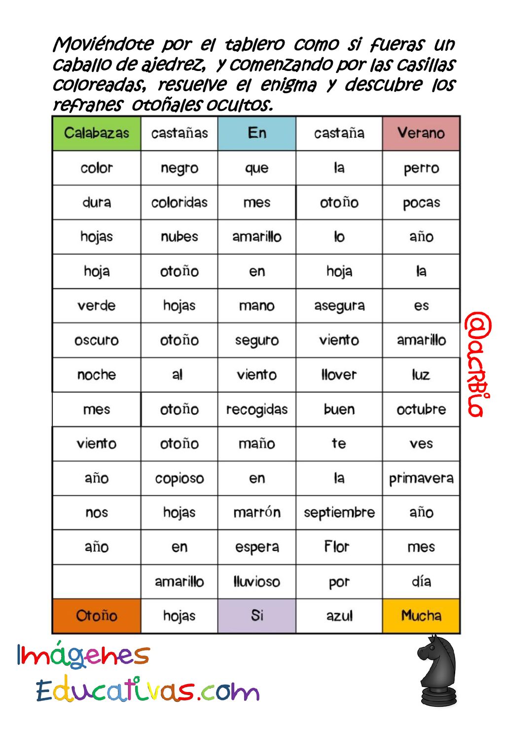 Moviéndote por el tablero como si fueras un caballo de ajedrez, y comenzando por las casillas coloreadas, resuelve el enigma y descubre los refranes otoñales ocultos.