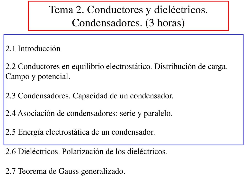 Tema 2. Conductores y dieléctricos. Condensadores. (3 horas)