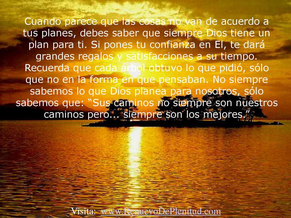 Cuando parece que las cosas no van de acuerdo a tus planes, debes saber que siempre Dios tiene un plan para ti. Si pones tu confianza en El, te dará grandes regalos y satisfacciones a su tiempo. Recuerda que cada árbol obtuvo lo que pidió, sólo que no en la forma en que pensaban. No siempre sabemos lo que Dios planea para nosotros, sólo sabemos que: Sus caminos no siempre son nuestros caminos pero... siempre son los mejores.