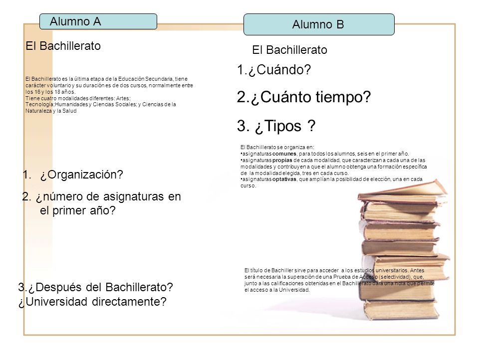 2.¿Cuánto tiempo 3. ¿Tipos 1.¿Cuándo Alumno A Alumno B