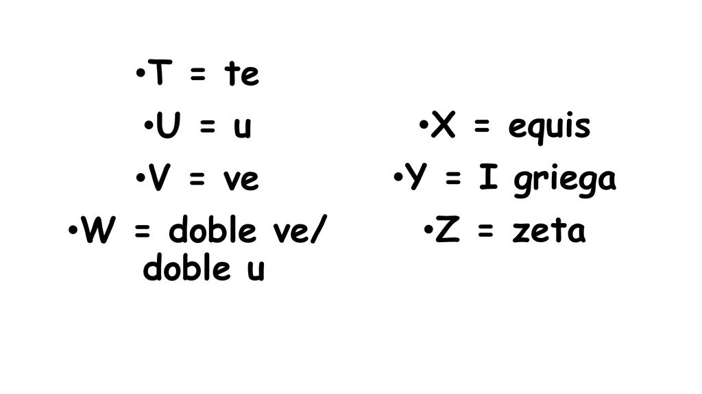 T = te U = u V = ve W = doble ve/ doble u X = equis Y = I griega Z = zeta