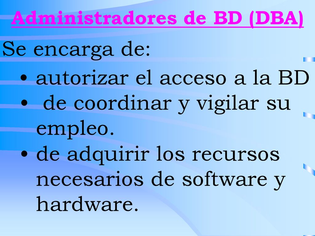 autorizar el acceso a la BD de coordinar y vigilar su empleo.
