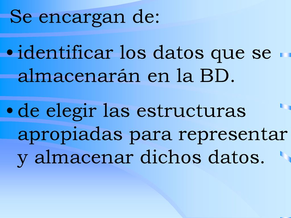 Se encargan de: identificar los datos que se almacenarán en la BD.