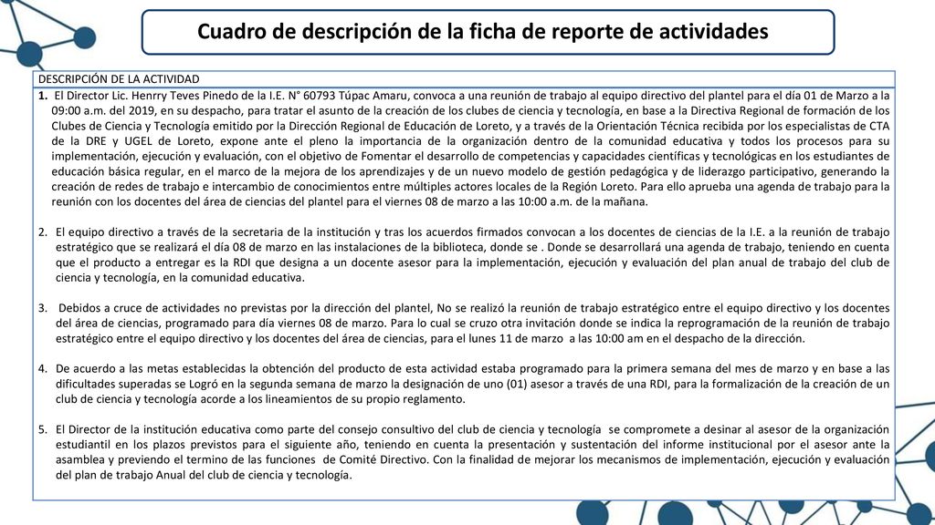 Cuadro de descripción de la ficha de reporte de actividades