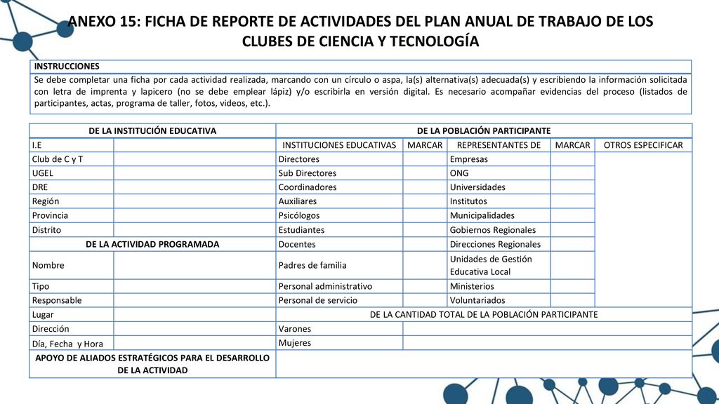 ANEXO 15: FICHA DE REPORTE DE ACTIVIDADES DEL PLAN ANUAL DE TRABAJO DE LOS CLUBES DE CIENCIA Y TECNOLOGÍA