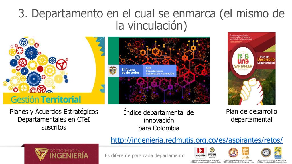 3. Departamento en el cual se enmarca (el mismo de la vinculación)