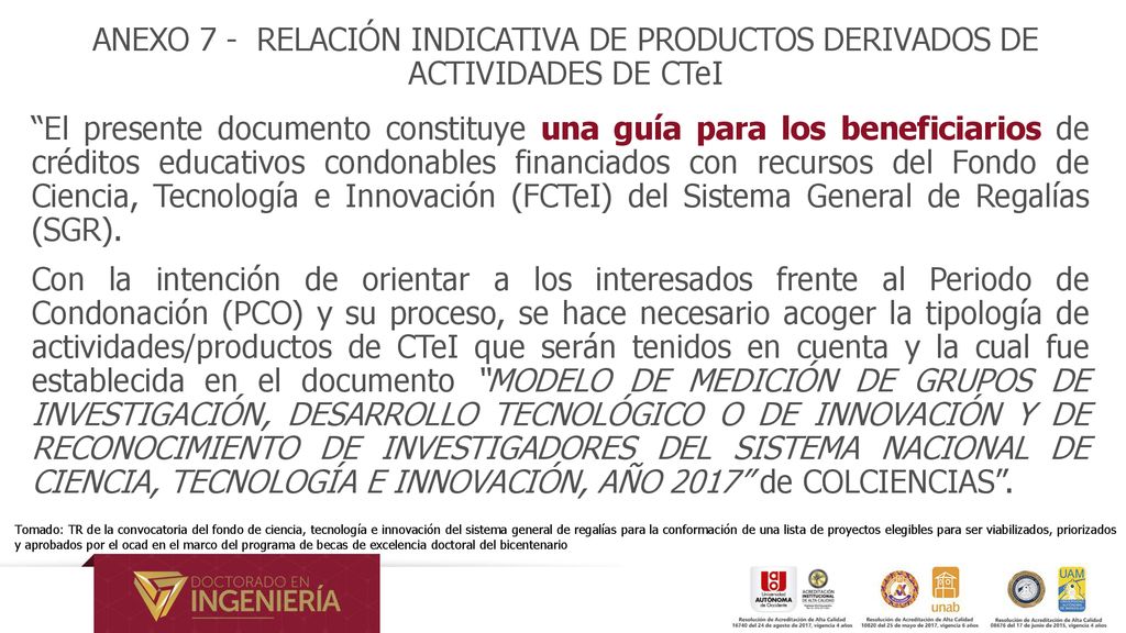 ANEXO 7 - RELACIÓN INDICATIVA DE PRODUCTOS DERIVADOS DE ACTIVIDADES DE CTeI