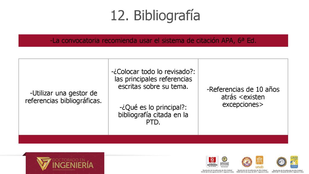 12. Bibliografía -La convocatoria recomienda usar el sistema de citación APA, 6ª Ed. -Utilizar una gestor de referencias bibliográficas.