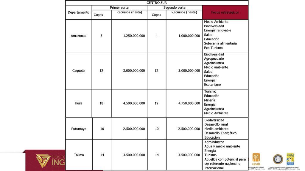 CENTRO SUR Departamento. Primer corte. Segundo corte. Focos estratégicos. Cupos. Recursos (hasta)