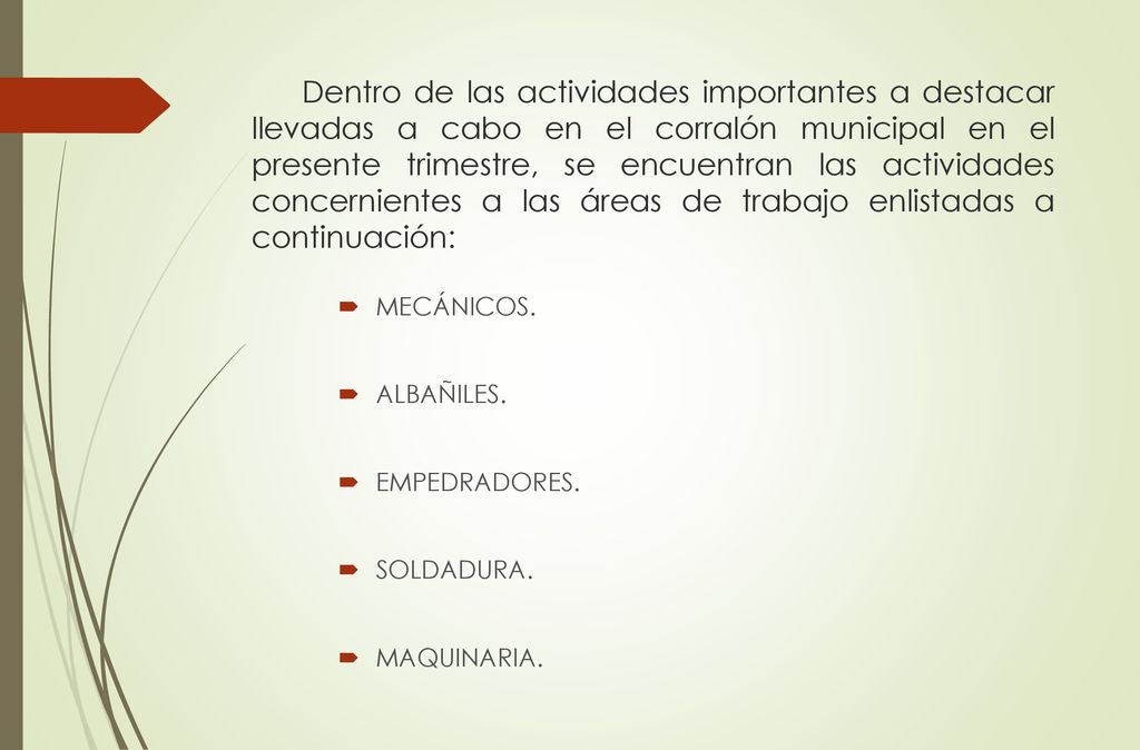 Dentro de las actividades importantes a destacar llevadas a cabo en el corralón municipal en el presente trimestre, se encuentran las actividades concernientes a las áreas de trabajo enlistadas a continuación: