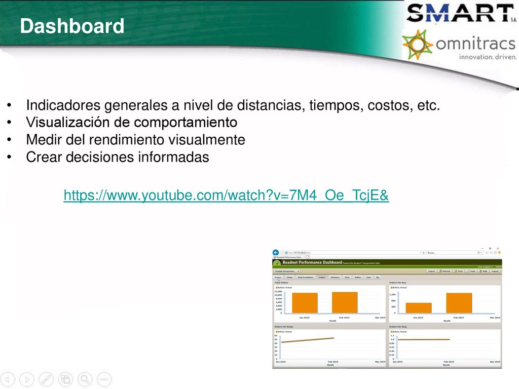 Dashboard Indicadores generales a nivel de distancias, tiempos, costos, etc. Visualización de comportamiento.
