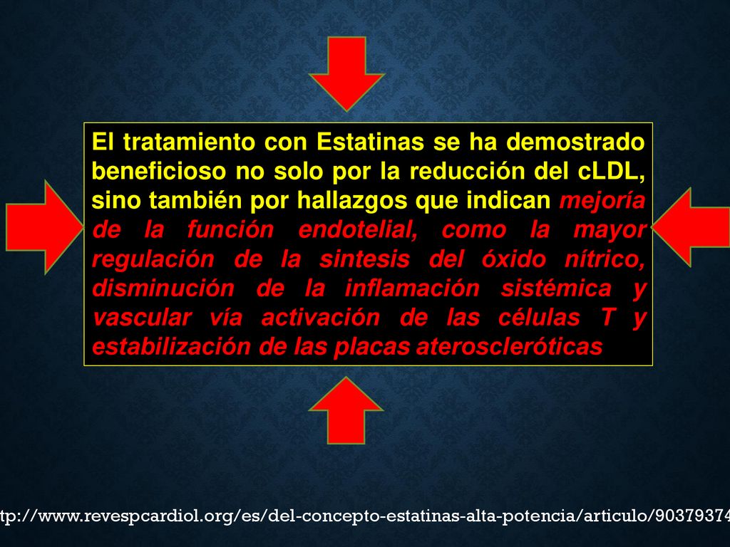 El tratamiento con Estatinas se ha demostrado beneficioso no solo por la reducción del cLDL, sino también por hallazgos que indican mejoría de la función endotelial, como la mayor regulación de la sintesis del óxido nítrico, disminución de la inflamación sistémica y vascular vía activación de las células T y estabilización de las placas ateroscleróticas