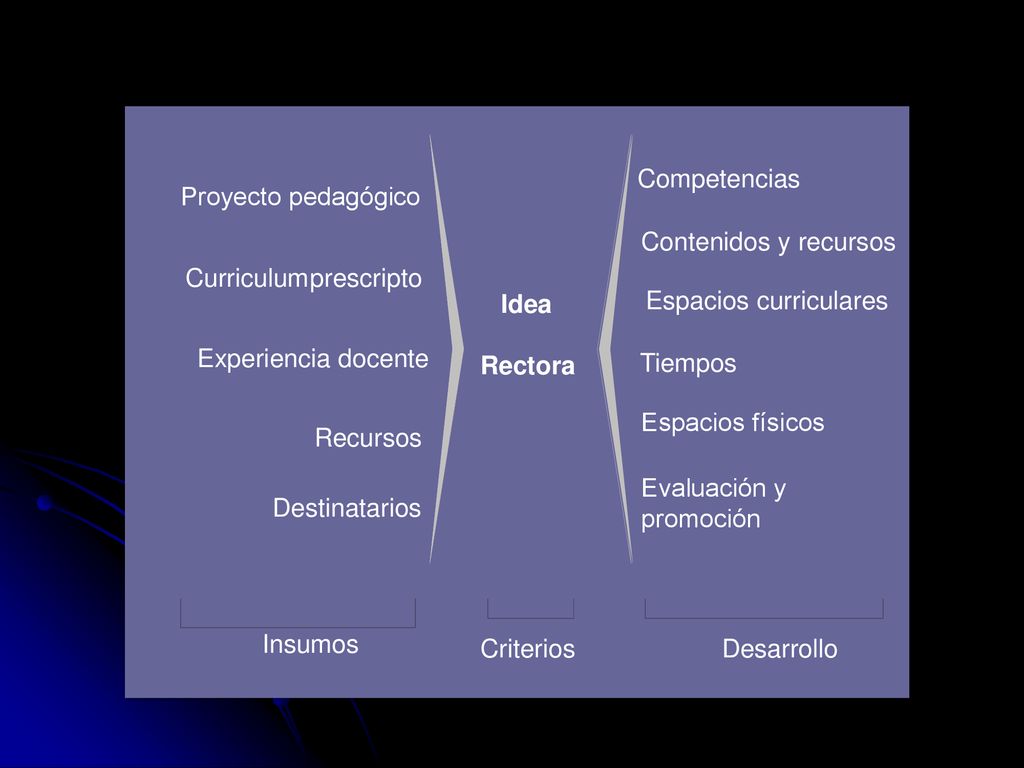 Competencias Proyecto pedagógico. Contenidos y recursos. Curriculum. prescripto. Idea. Espacios curriculares.