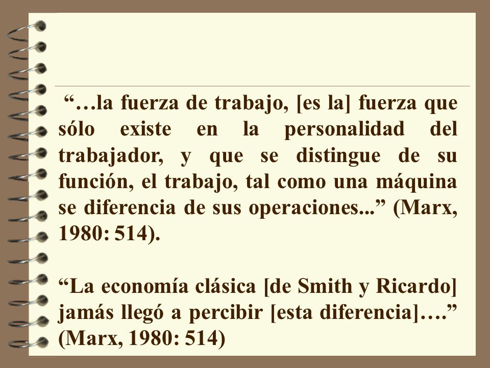 …la fuerza de trabajo, [es la] fuerza que sólo existe en la personalidad del trabajador, y que se distingue de su función, el trabajo, tal como una máquina se diferencia de sus operaciones... (Marx, 1980: 514).