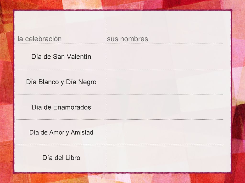 la celebración sus nombres Día de San Valentín Día Blanco y Día Negro