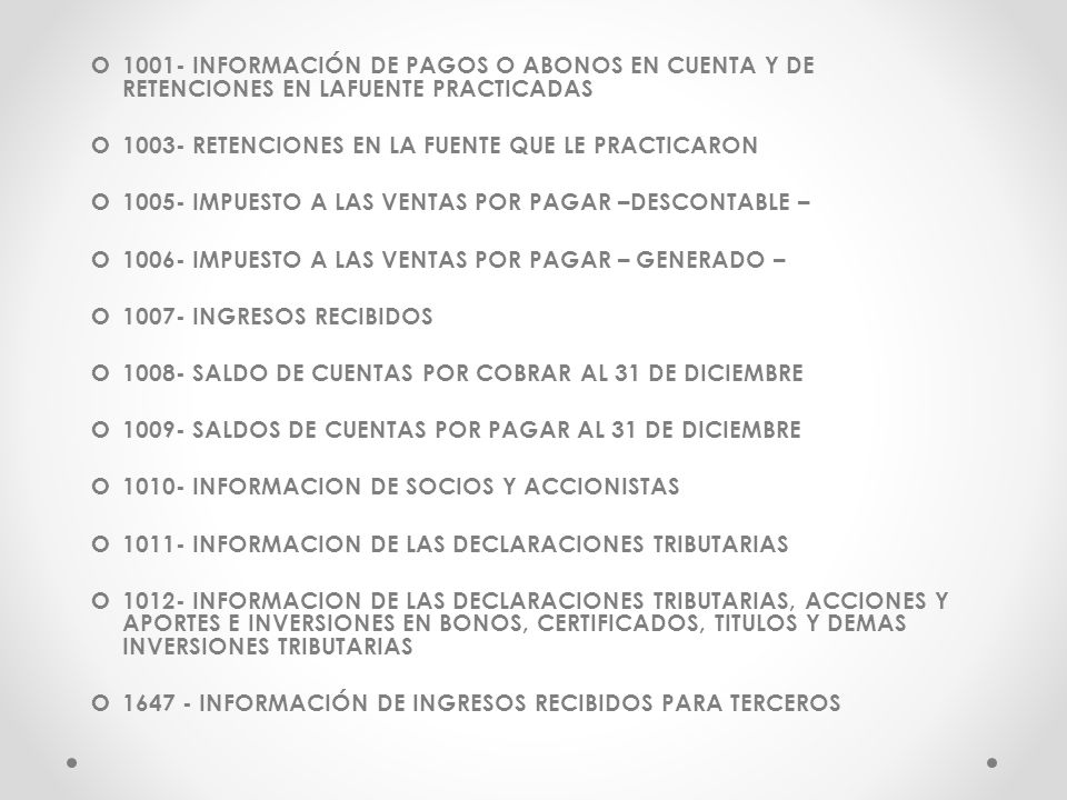 1001- INFORMACIÓN DE PAGOS O ABONOS EN CUENTA Y DE RETENCIONES EN LAFUENTE PRACTICADAS
