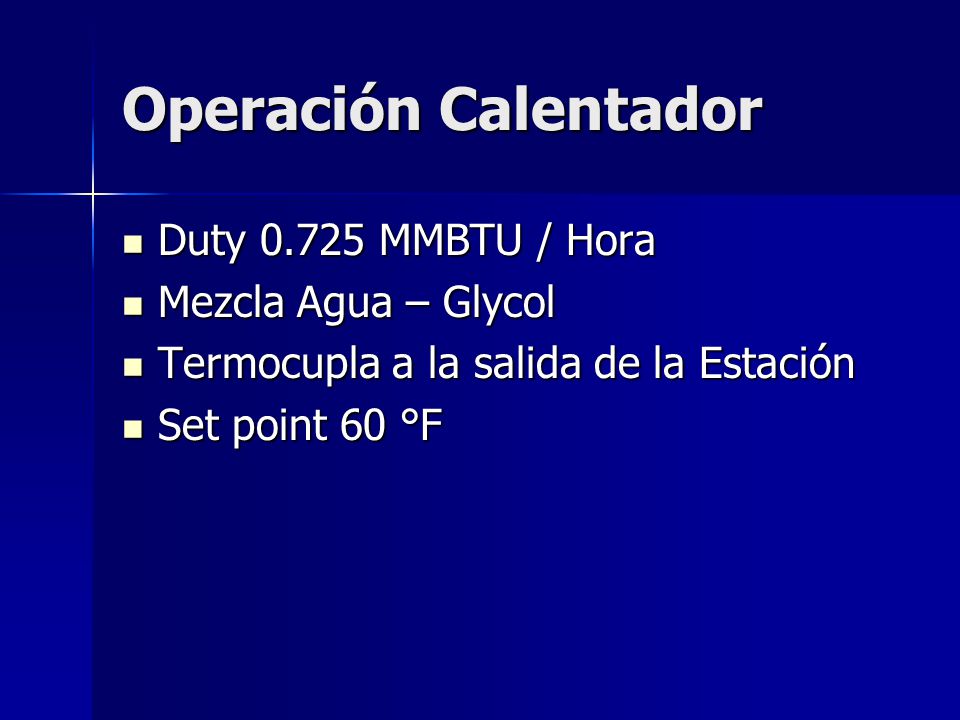 Operación Calentador Duty MMBTU / Hora Mezcla Agua – Glycol