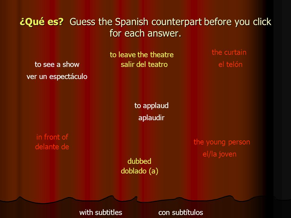 ¿Qué es Guess the Spanish counterpart before you click for each answer.