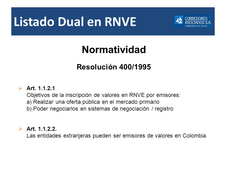 Listado Dual en RNVE Normatividad Resolución 400/1995 Art