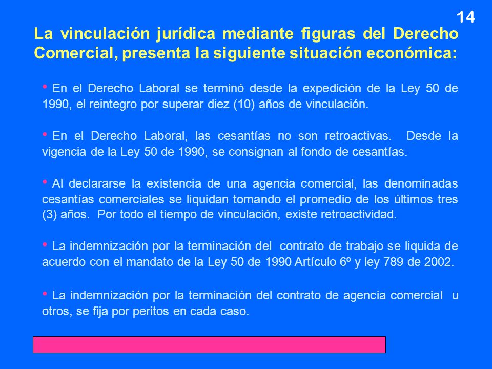 14 La vinculación jurídica mediante figuras del Derecho Comercial, presenta la siguiente situación económica: