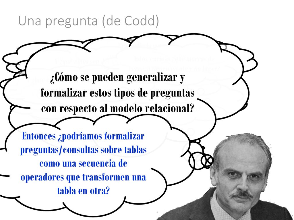 Una pregunta (de Codd) ¿Cómo se pueden generalizar y formalizar estos tipos de preguntas. con respecto al modelo relacional