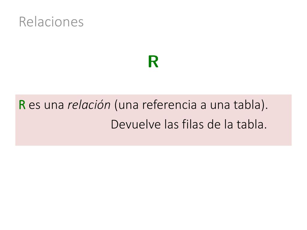 Relaciones R es una relación (una referencia a una tabla). Devuelve las filas de la tabla.