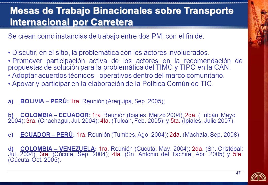 Mesas de Trabajo Binacionales sobre Transporte Internacional por Carretera