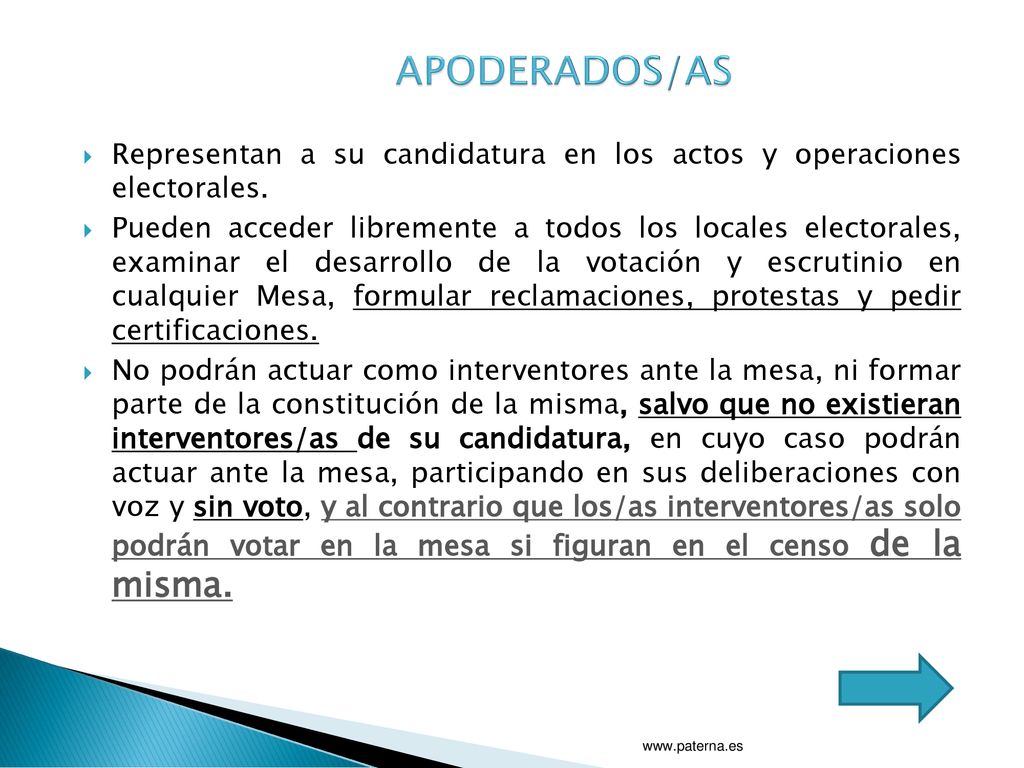 APODERADOS/AS Representan a su candidatura en los actos y operaciones electorales.