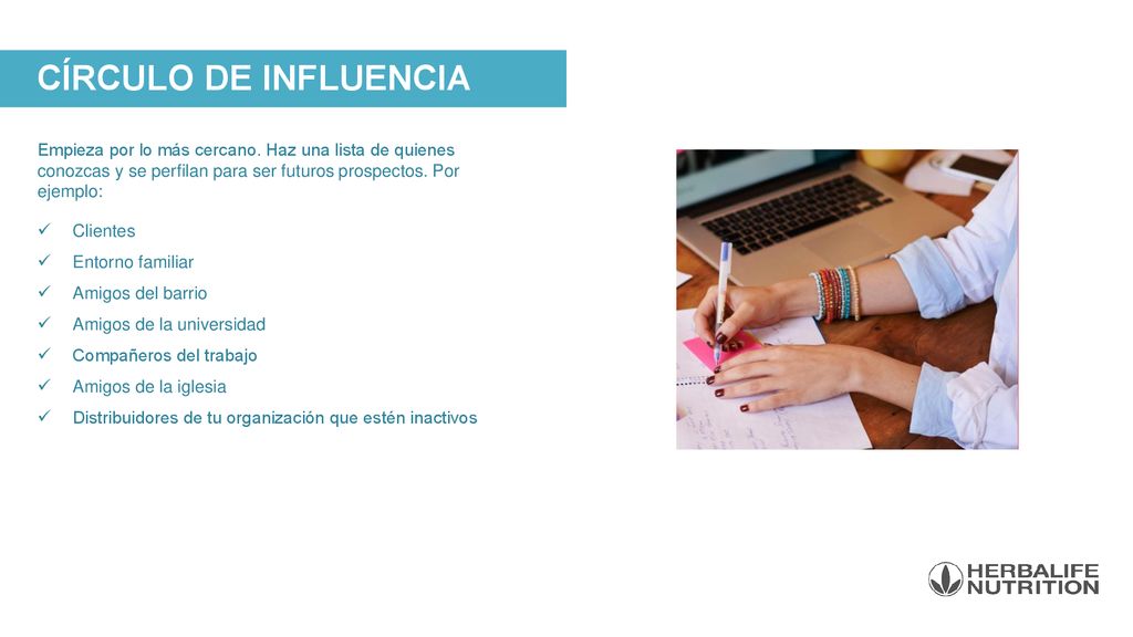 CÍRCULO DE INFLUENCIA Empieza por lo más cercano. Haz una lista de quienes conozcas y se perfilan para ser futuros prospectos. Por ejemplo: