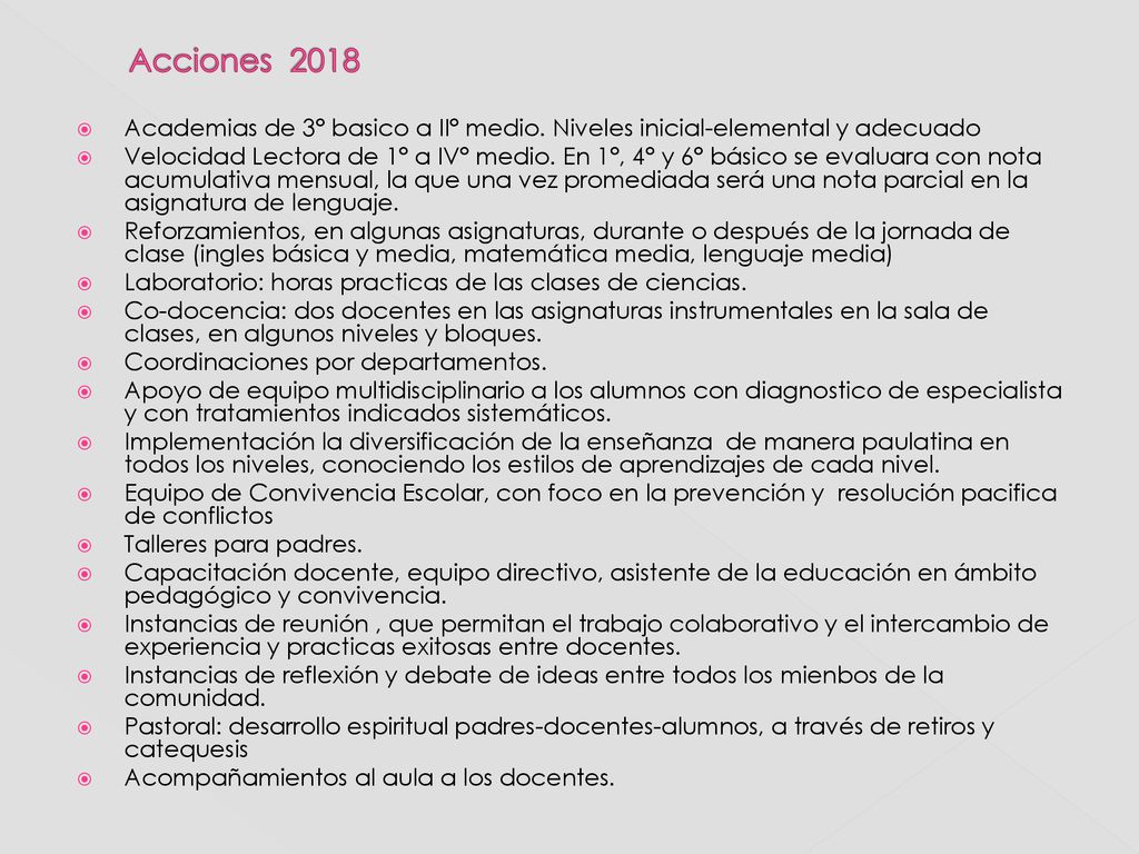Acciones 2018 Academias de 3° basico a II° medio. Niveles inicial-elemental y adecuado.