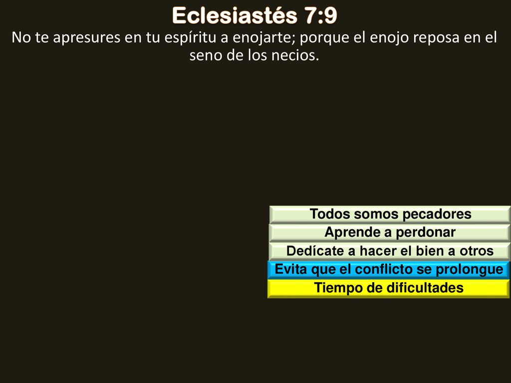 Eclesiastés 7:9 No te apresures en tu espíritu a enojarte; porque el enojo reposa en el seno de los necios.