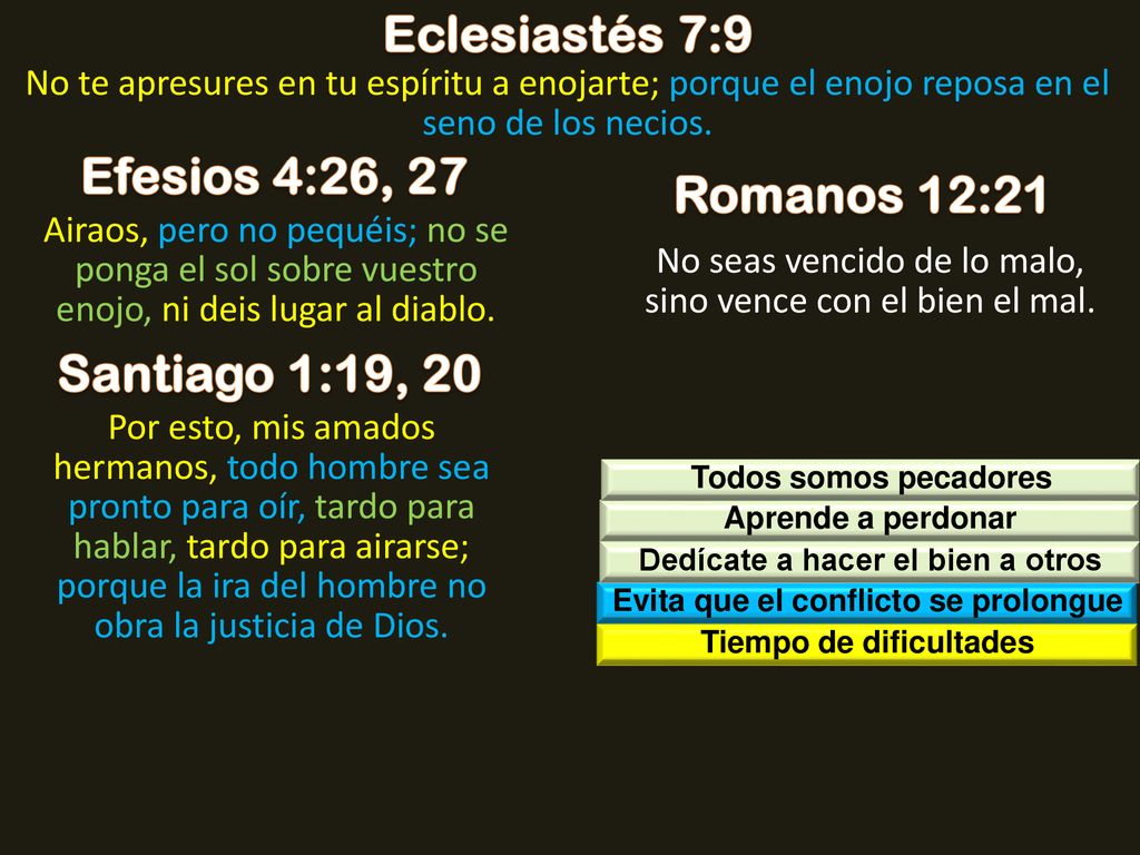 Eclesiastés 7:9 Efesios 4:26, 27 Romanos 12:21 Santiago 1:19, 20