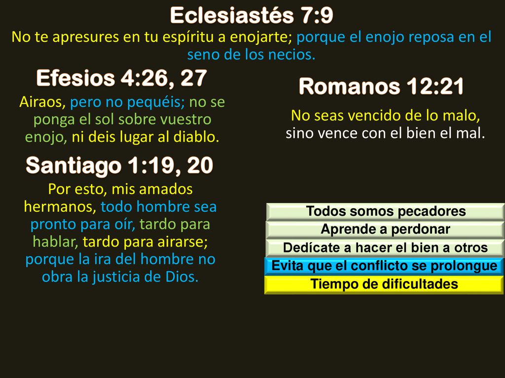 Eclesiastés 7:9 Efesios 4:26, 27 Romanos 12:21 Santiago 1:19, 20