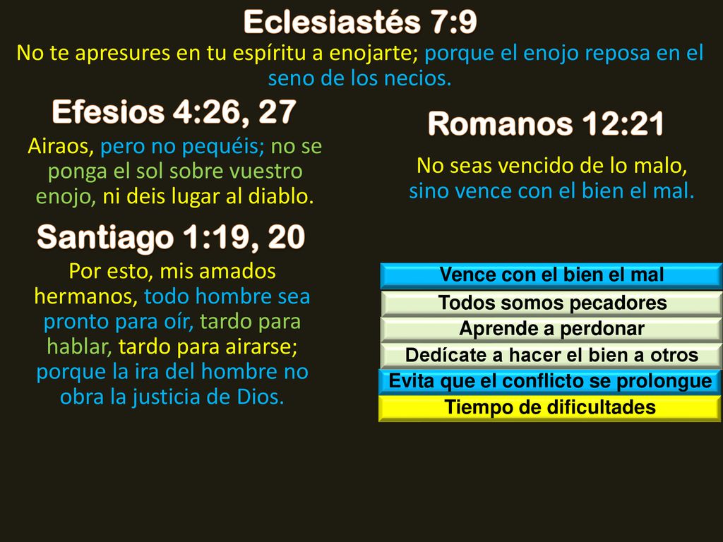 Eclesiastés 7:9 Efesios 4:26, 27 Romanos 12:21 Santiago 1:19, 20