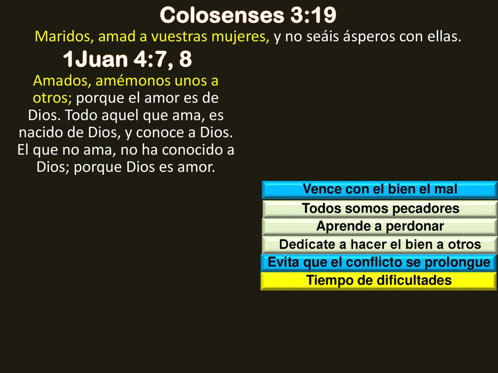 Colosenses 3:19 Maridos, amad a vuestras mujeres, y no seáis ásperos con ellas. 1Juan 4:7, 8.