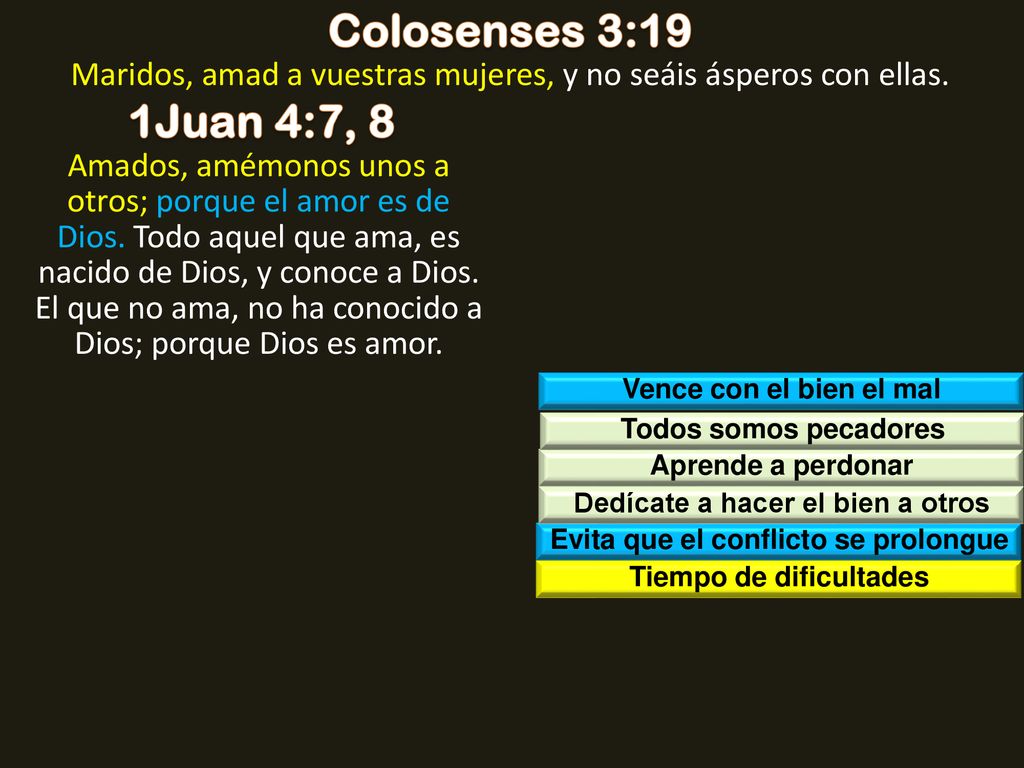 Colosenses 3:19 Maridos, amad a vuestras mujeres, y no seáis ásperos con ellas. 1Juan 4:7, 8.