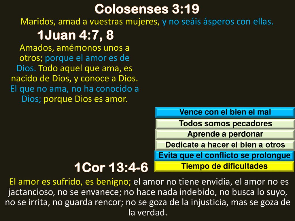 Colosenses 3:19 1Juan 4:7, 8 1Cor 13:4-6