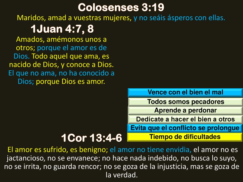 Colosenses 3:19 1Juan 4:7, 8 1Cor 13:4-6