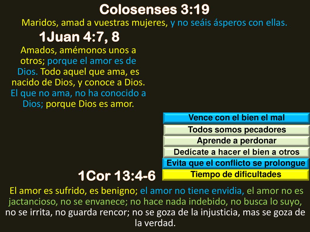 Colosenses 3:19 1Juan 4:7, 8 1Cor 13:4-6