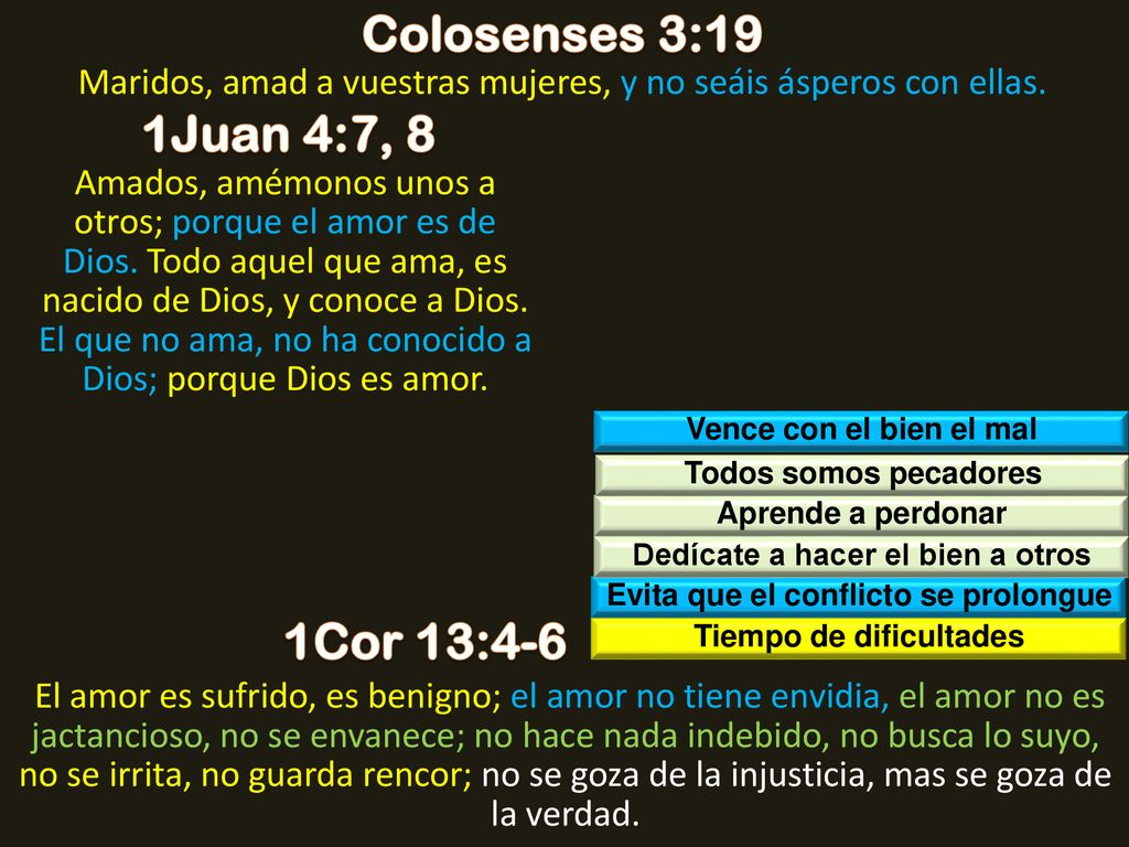 Colosenses 3:19 1Juan 4:7, 8 1Cor 13:4-6