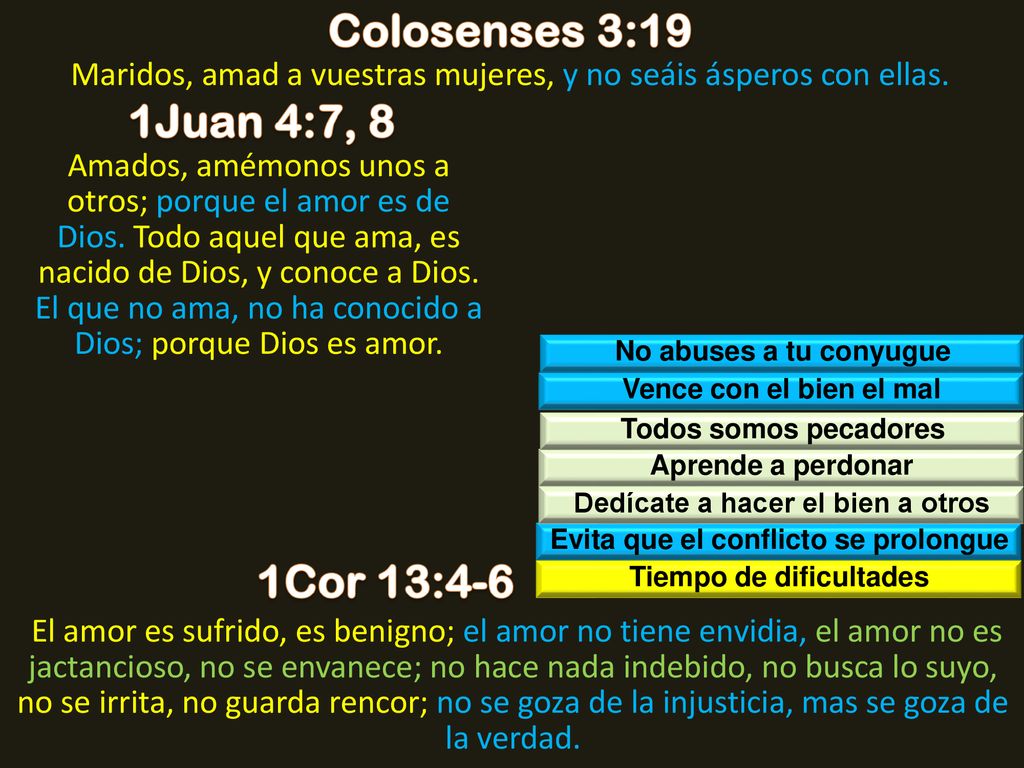 Colosenses 3:19 1Juan 4:7, 8 1Cor 13:4-6